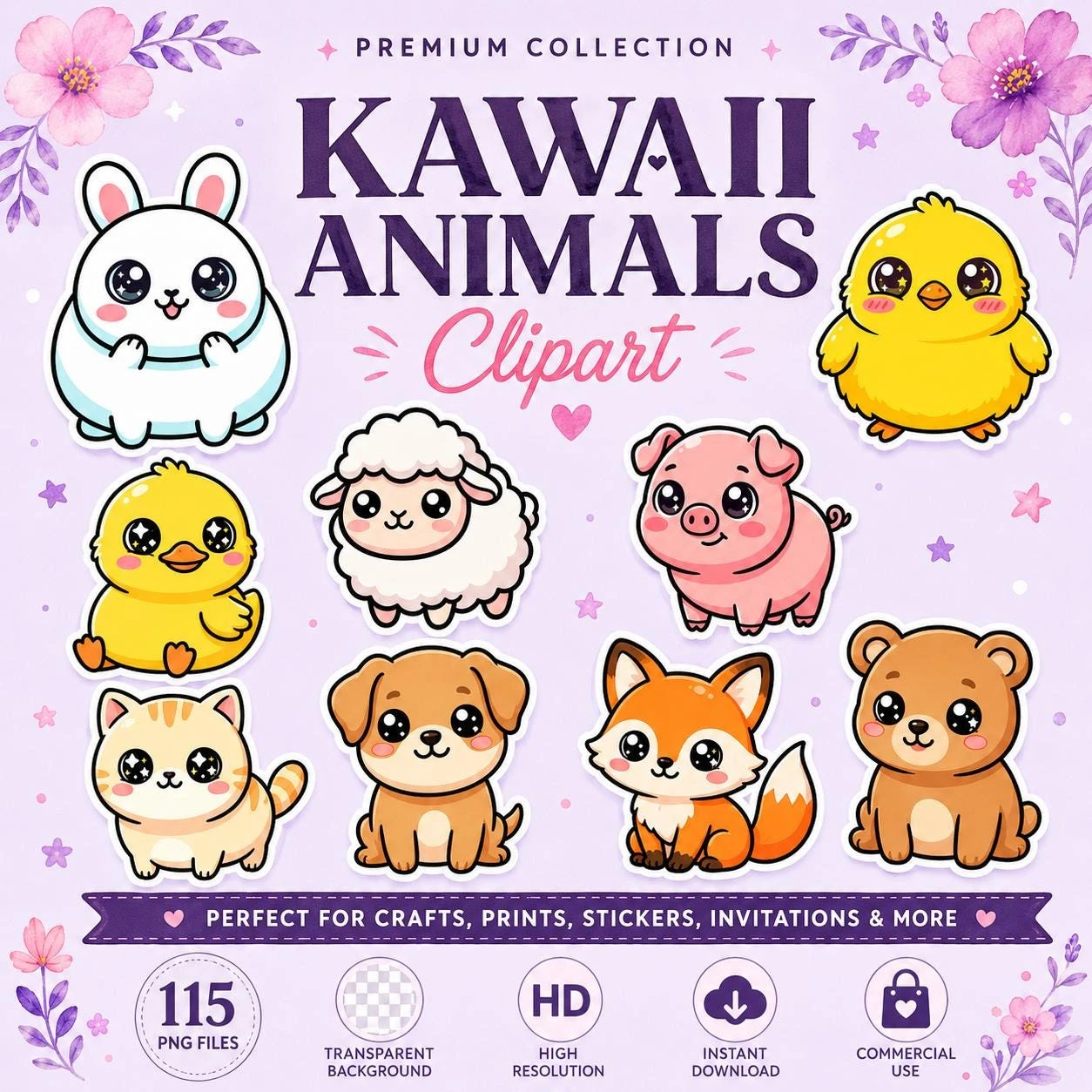 Kawaii Animals Clipart Bundle