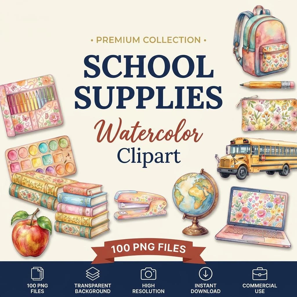 Watercolor School Supplies Clipart