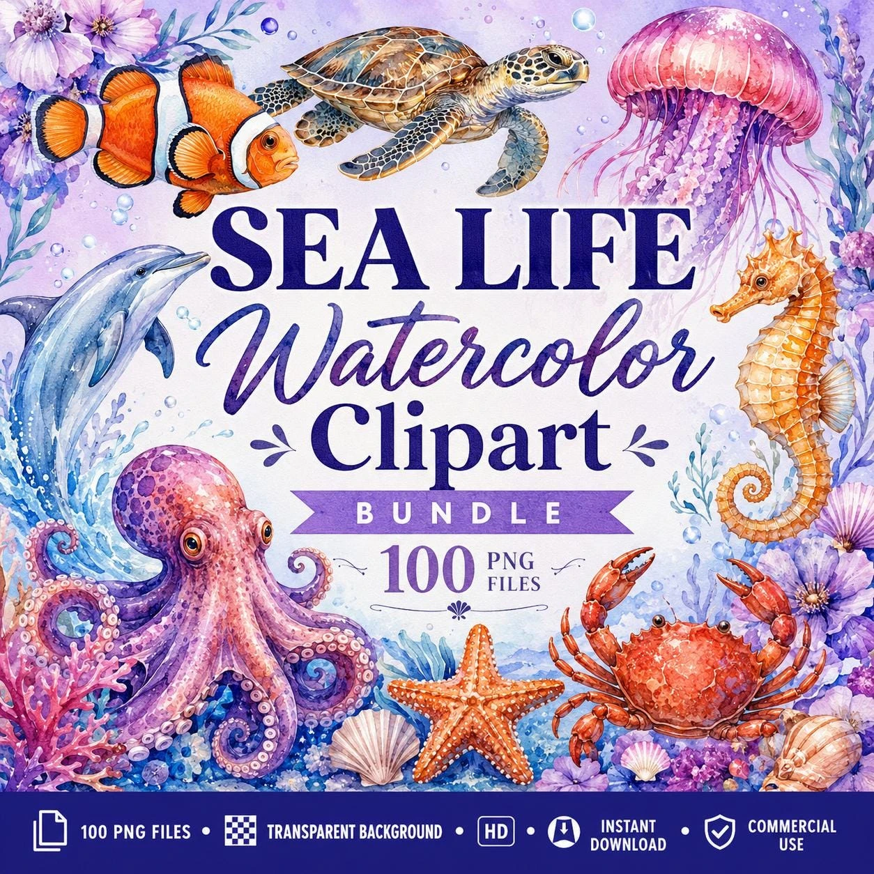 Sea Life Watercolor Clipart Bundle